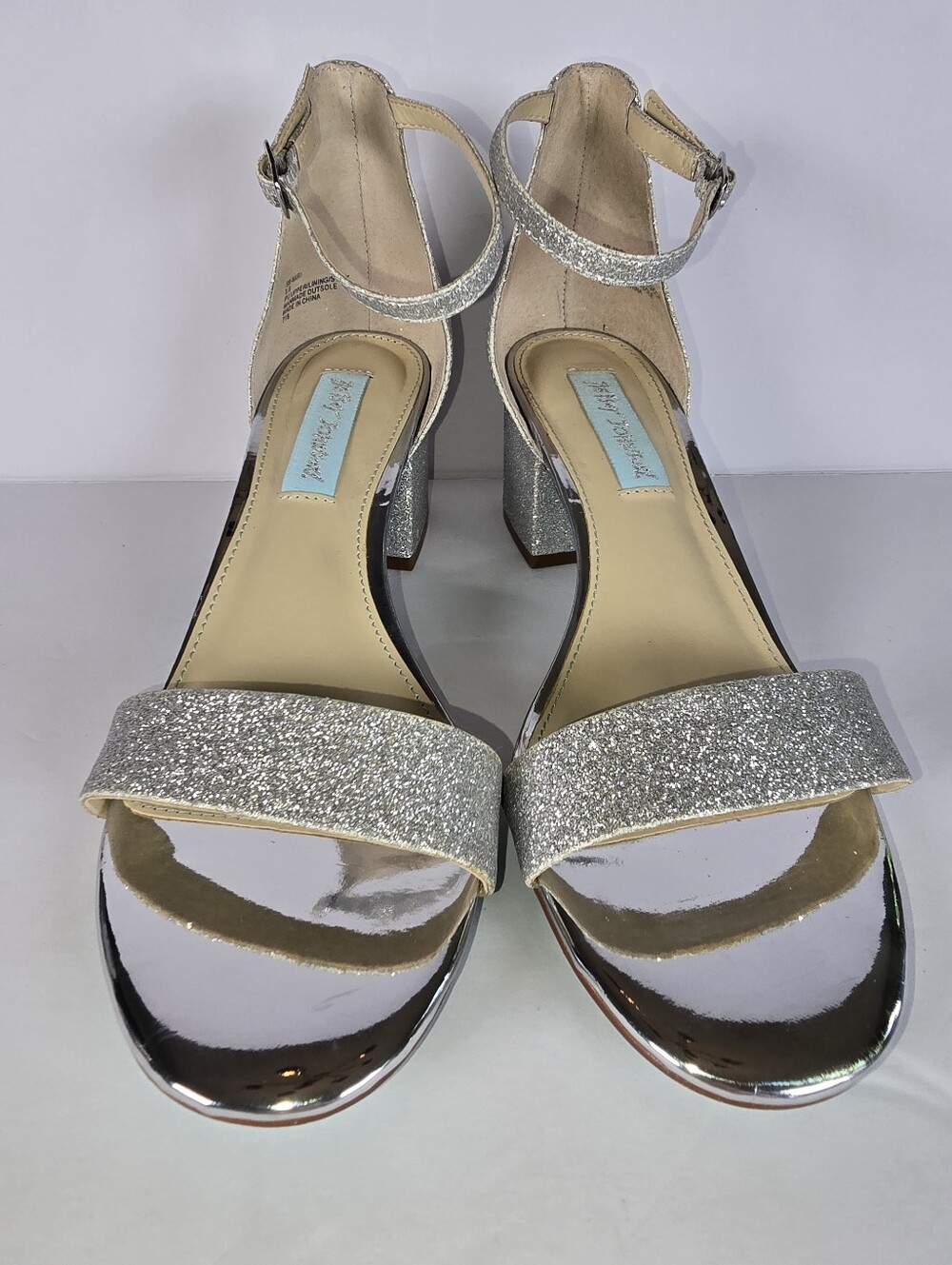 Blue by Betsey Johnson Miri Silver Glitter Heels Ankle Wrap Dressy Sandals 6.5